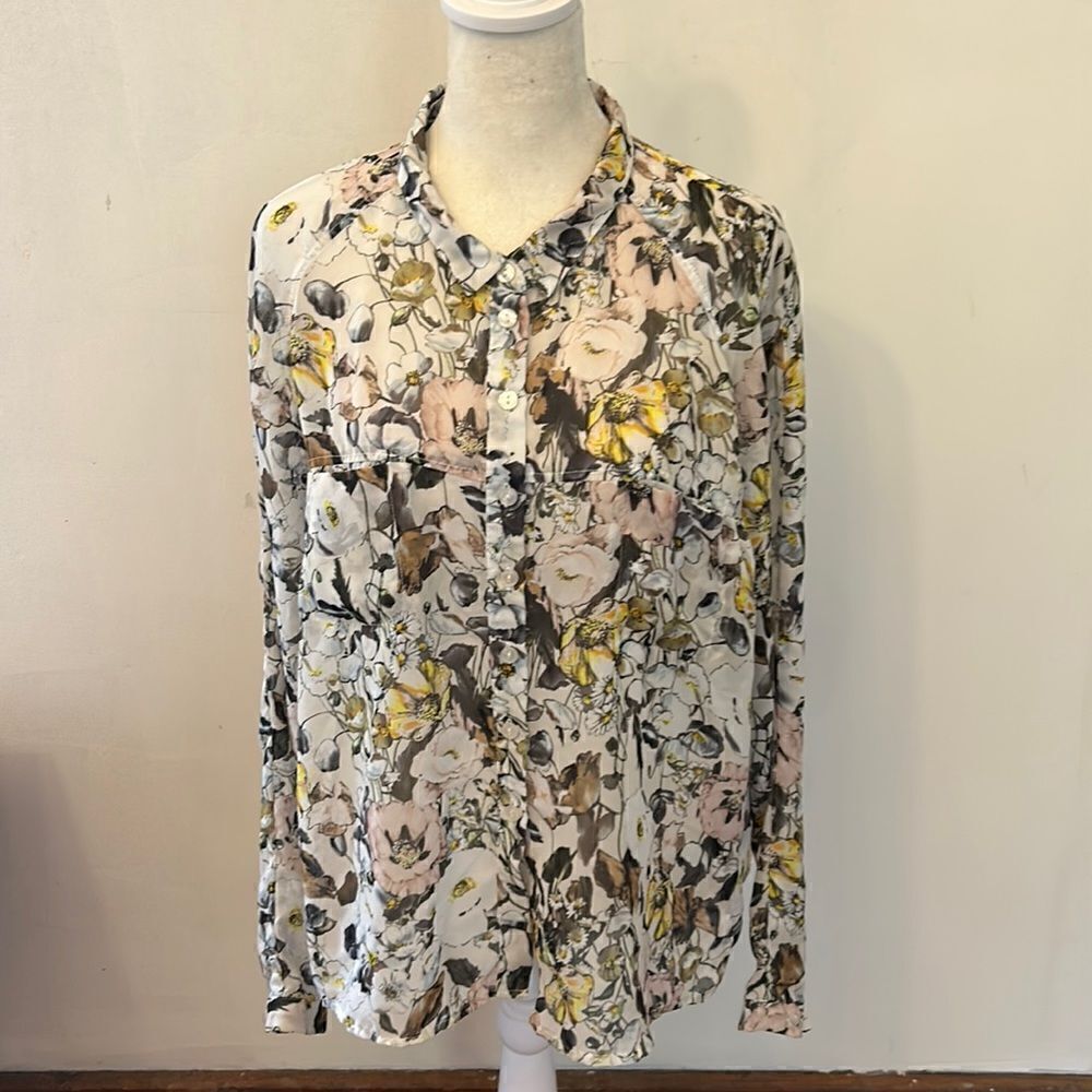 i Jeans by Buffalo long sleeve sheer brown yellow floral sheer blouse Size M